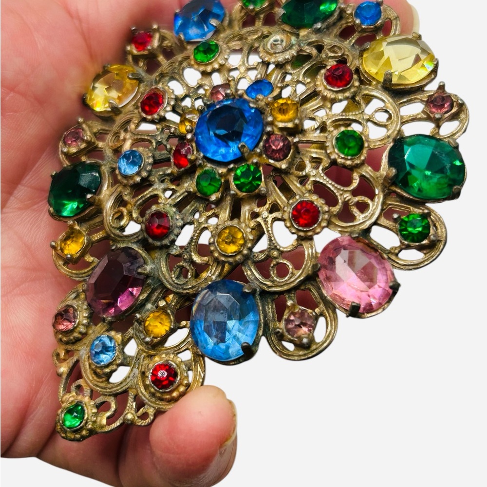 Huge Vintage 1930's Czech Multi Color Rhinestone Dress Clip - Picture 2 of 5